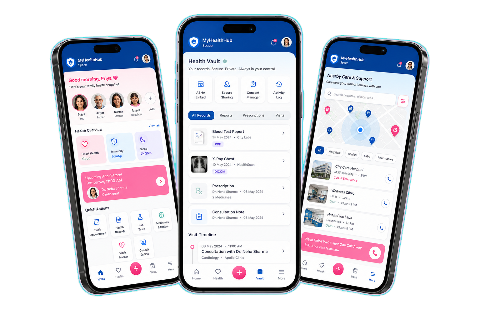 Three MyHealthHub Space mobile app screens showing family dashboard, health vault, and nearby care support